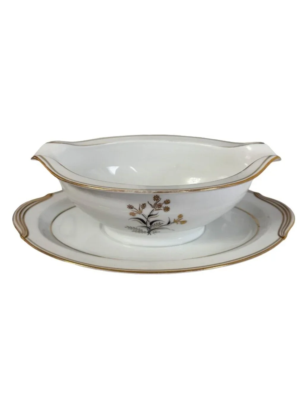 Vintage Noritake Winton 5521 Gravy Boat Underplate Gold Floral Japan Serving Set